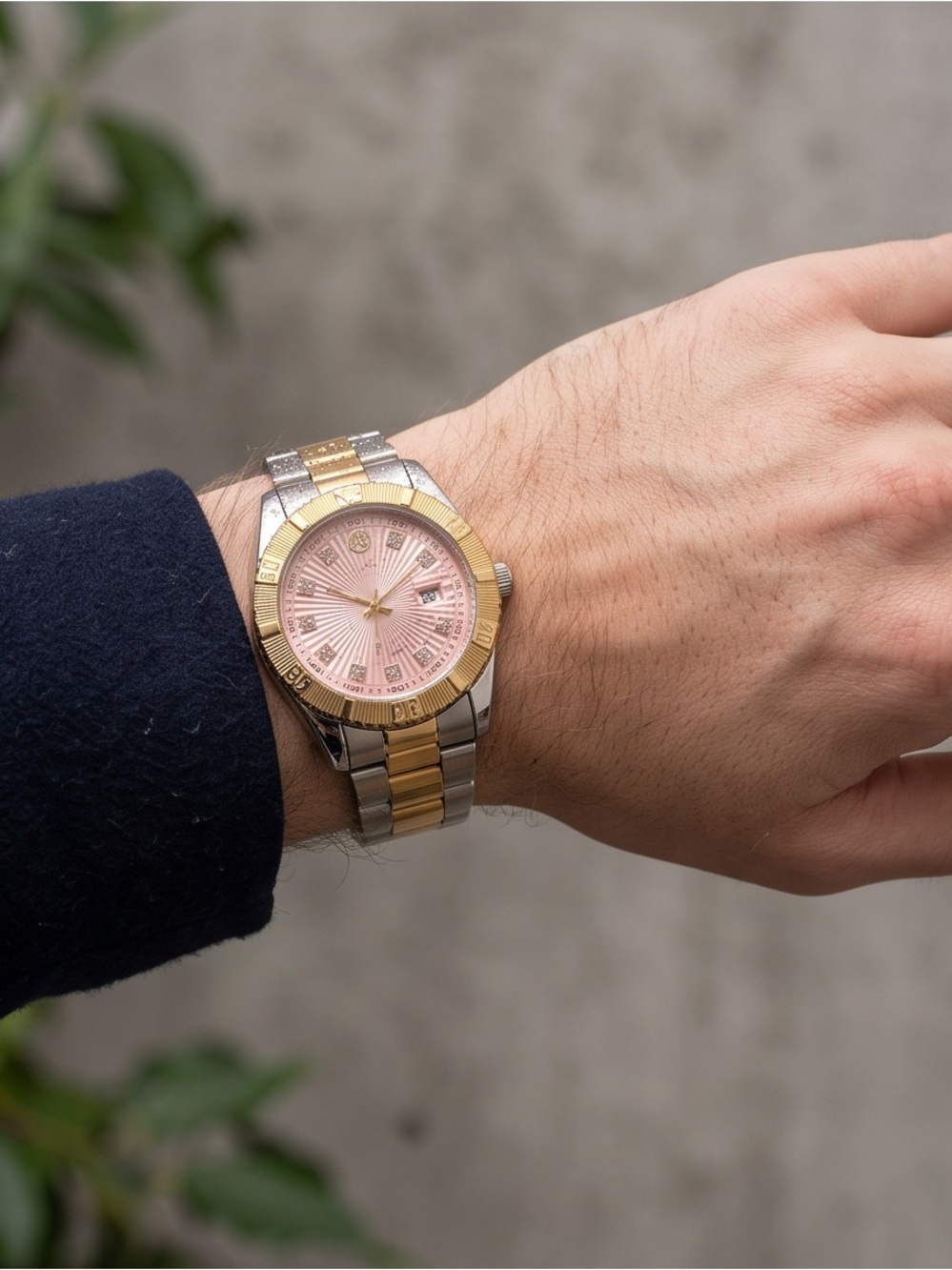 Two-Tone Bracelet Watch with Pink Dial